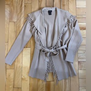 Nicole Miller NY Fringe Wrap Cardigan with Belt – Tan/Beige – Size M